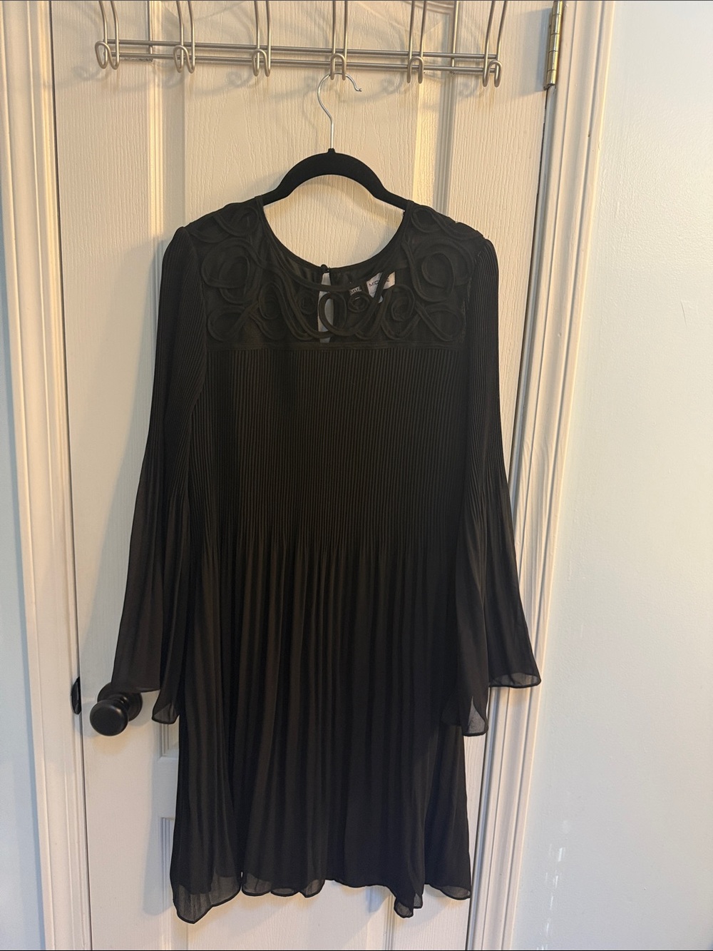 Emma & Michele Black Long-Sleeve Pleated Dress with Decorative Yoke